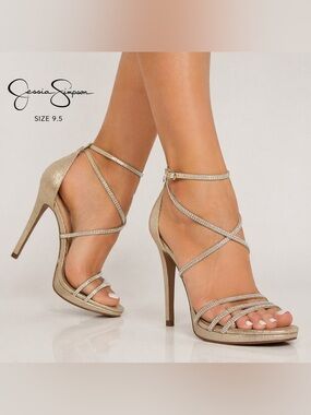 Jessica Simpson Gold Rhinestone Strappy Heels NWT